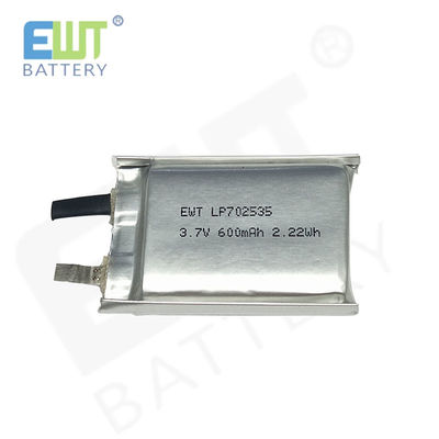 टिकाऊ प्रदर्शन लिथियम पॉलिमर रिचार्जेबल बैटरी LP702535 3.7V 600mAh OEM ODM समर्थन और ओवर डिस्चार्ज संरक्षण के साथ