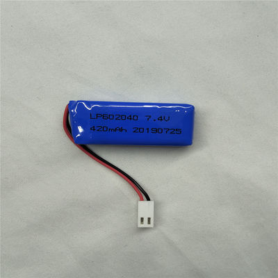 LP602040 7.4V 420mAh लिथियम पॉलिमर बैटरी सुरक्षा सुविधाओं के साथ डिस्चार्ज संरक्षण पर -20°C से 45°C