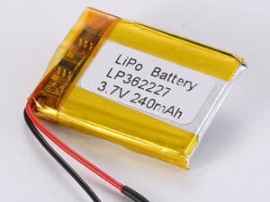 LP362227 3.7V 240mAh लिथियम पॉलिमर बैटरी उच्च ऊर्जा घनत्व 150-200 Wh/kg और अधिकतम डिस्चार्ज करंट 0.35A के साथ
