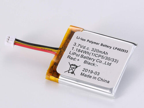 शक्तिशाली 3.7V 320MAH LP402933 लिथियम आयन बैटरी 500-1000 चक्र और व्यापक तापमान सीमा के साथ