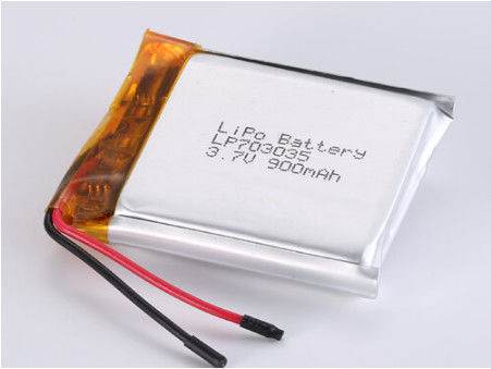 LP703035 3.7V 900MAH लिथियम पॉलिमर बैटरी सुरक्षित सर्किट और डिस्चार्ज तापमान के साथ -20°C से 60°C